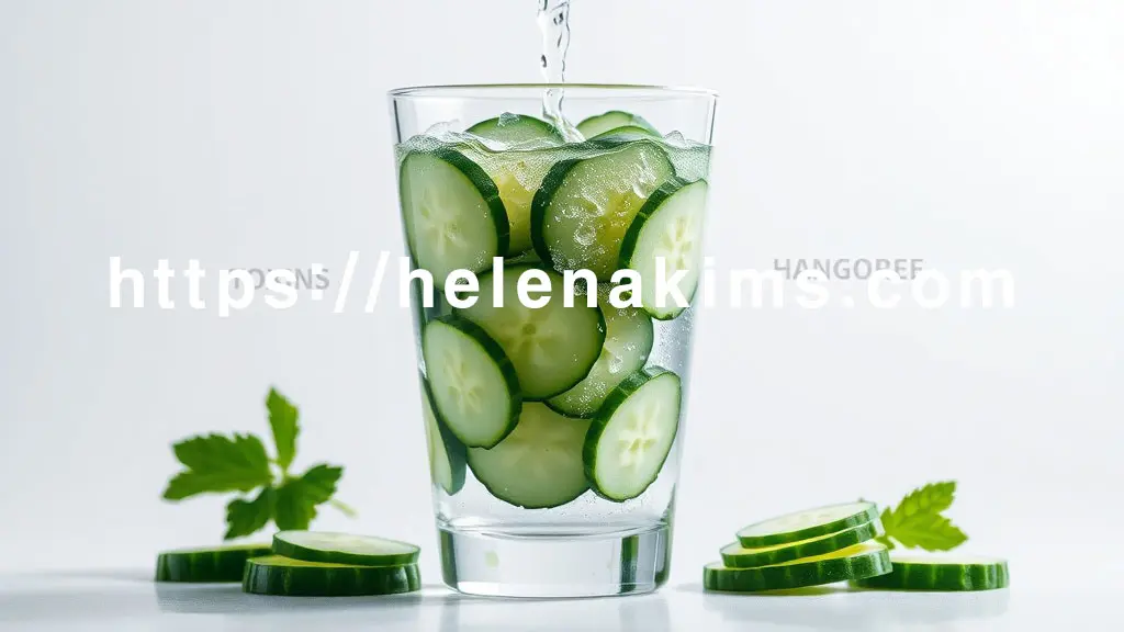 신선하고 촉촉한 오이 슬라이스가 가득 담긴 투명한 유리잔이 중앙에 놓여있다