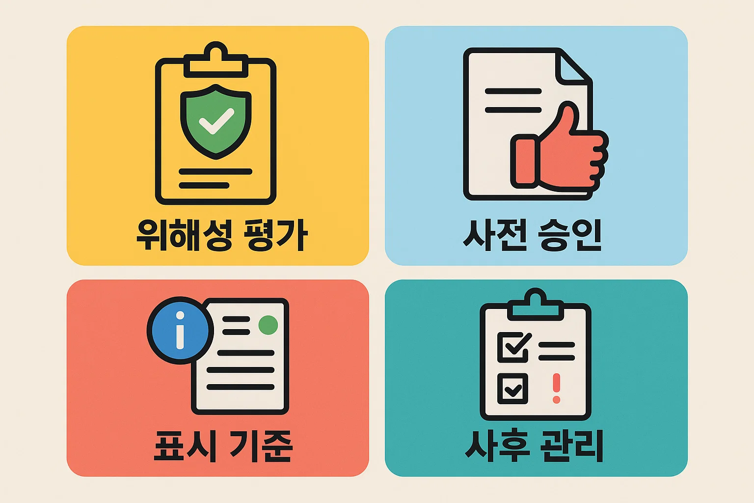 가습기 살균제 사건 이후 도입된 화학제품 사전 승인 위해성 평가 표시 기준 사후 관리 체계를 구조적으로 설명한 이미지입니다