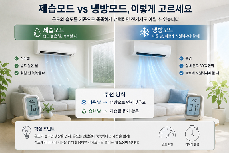에어컨 제습모드와 냉방모드의 차이를 비교한 인포그래픽으로 장마철과 폭염 상황에 따른 추천 모드와 전기세 절약 방법을 설명하는 이미지