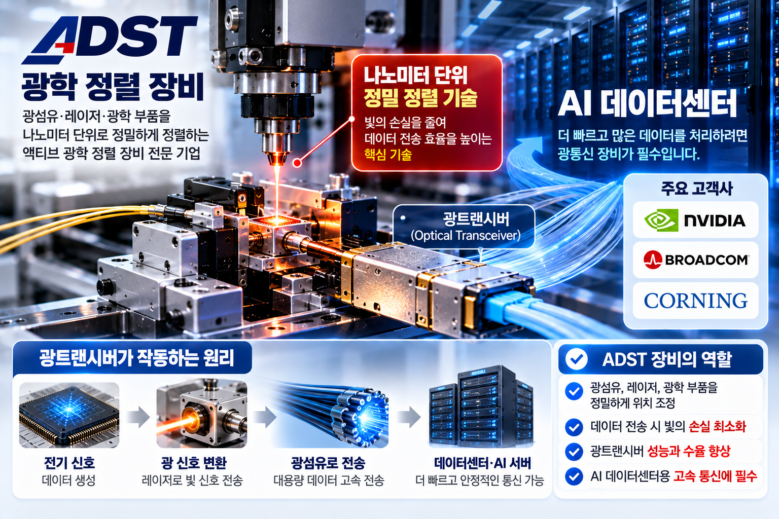 ADST 액티브 광학 정렬 장비와 AI 데이터센터 광통신 기술