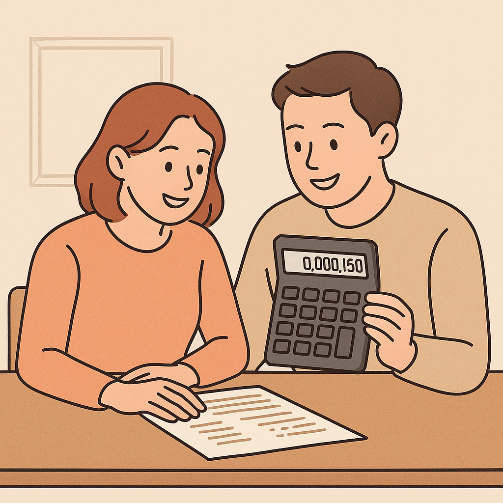 양도세 절세 전략을 고민하며 계산기를 함께 들여다보는 부부의 감성 일러스트