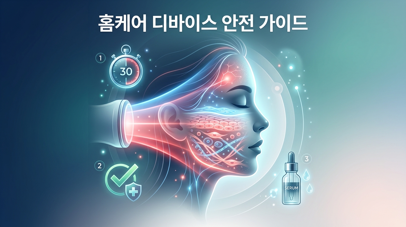 LED 마스크를 바르게 착용하고 편안하게 휴식을 취하는 모습. '안전한 LED 마스크 사용법'과 '똑똑한 홈케어의 기준'이라는 문구를 통해 올바른 홈케어 디바이스 사용이 피부 건강의 시작임을 시각화함
