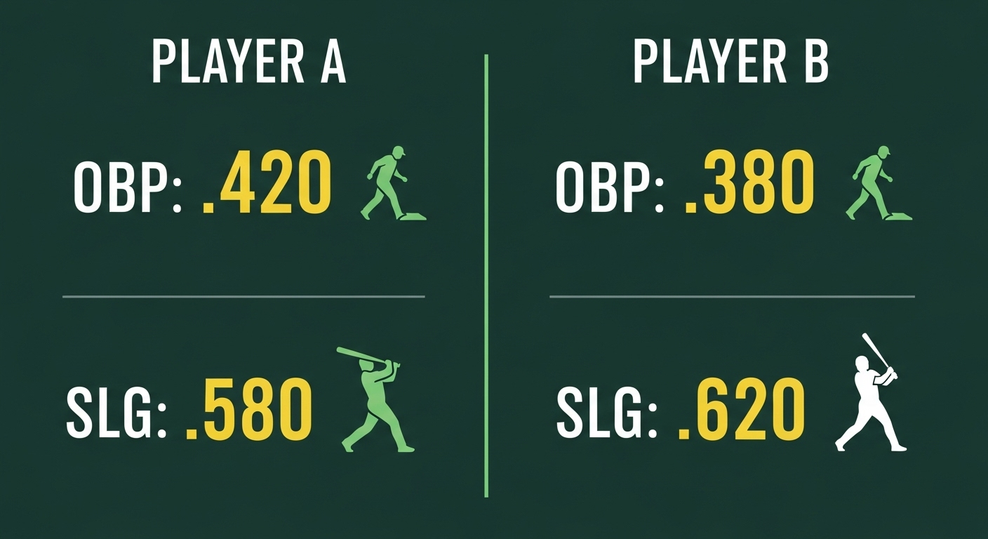 출루율과 장타율의 차이를 시각적으로 보여주는 선수 기록 비교 인포그래픽