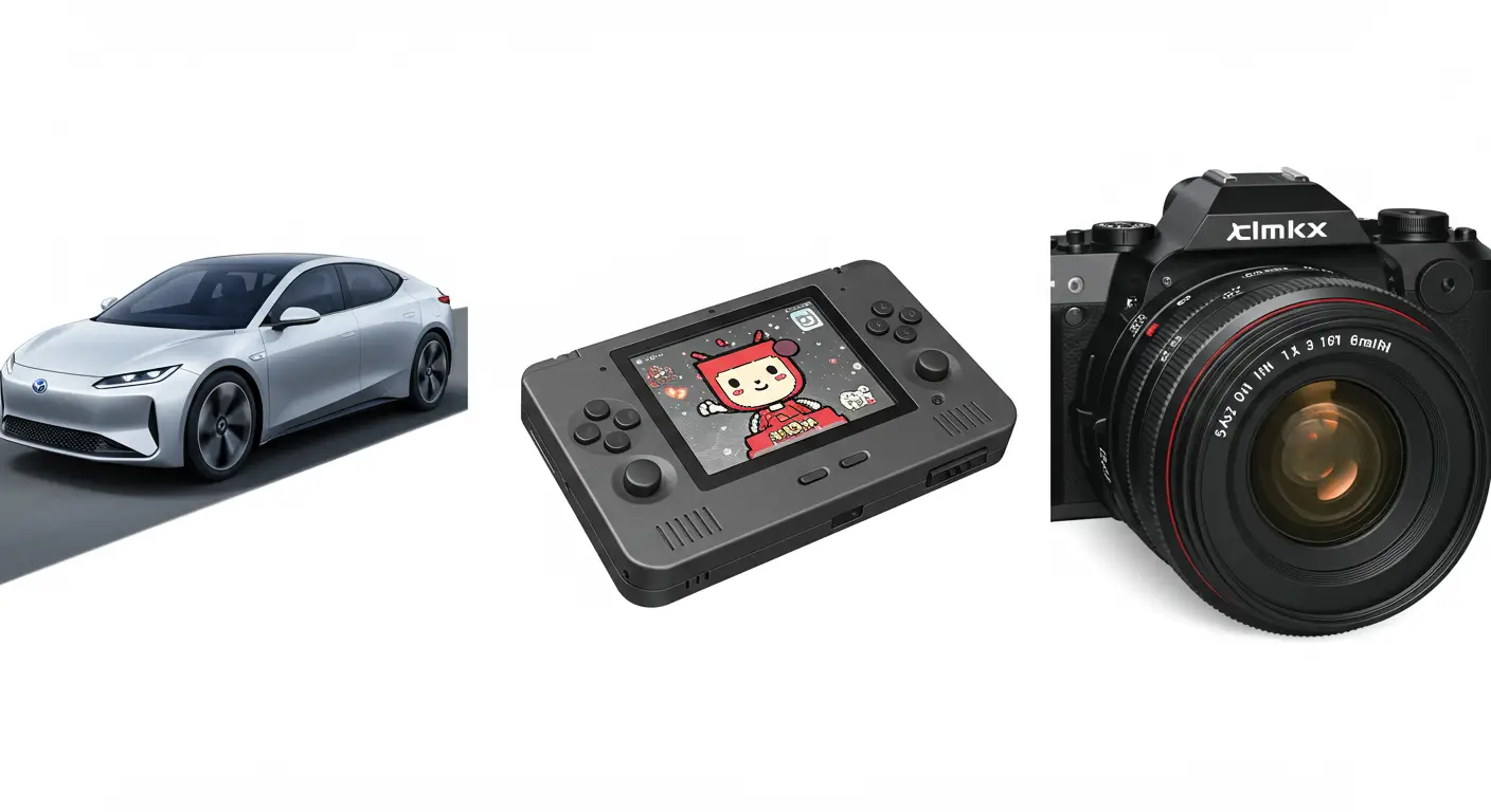 일본의 대표 산업인 자동차(토요타), 게임(닌텐도), 첨단 부품(소니)을 상징하는 이미지 몽타주