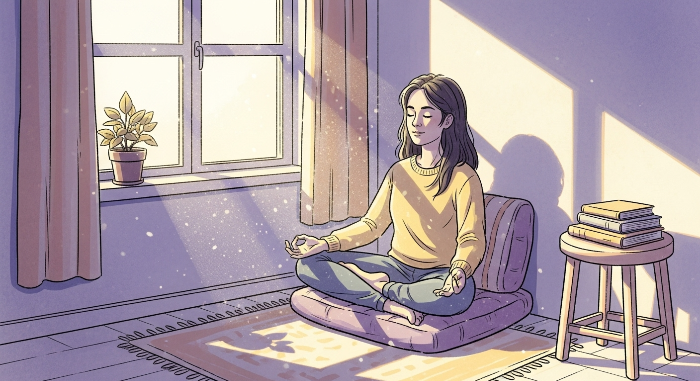 집안의 편안한 공간, 예를 들어 햇살이 비치는 창가에서 초보자가 명상을 시작하는 모습. 명상이 특별한 장비 없이도 가능함을 보여줍니다.