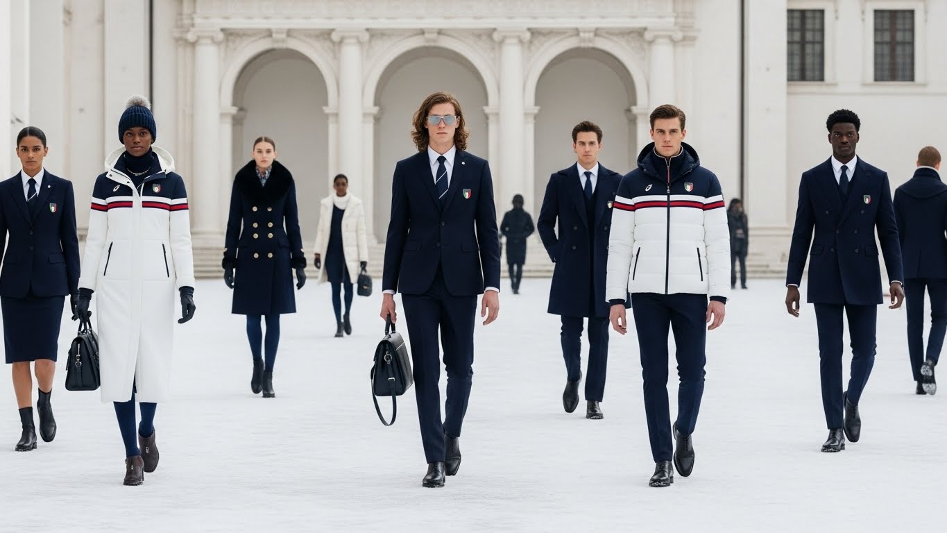 이탈리아 패션과 동계 스포츠 의류가 결합된 세련된 이미지. 고급스러운 원단과 세련된 디자인의 동계 의상을 입은 모델들이 현대적인 이탈리아 광장 또는 눈 덮인 런웨이에 서 있다.