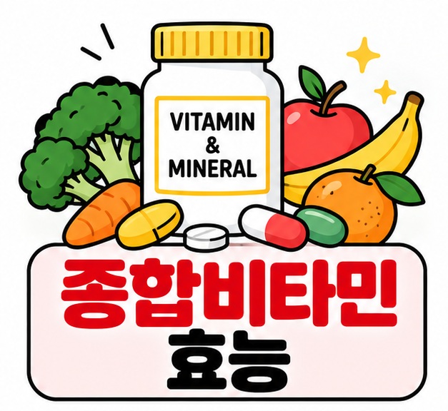 여러 비타민과 미네랄 캡슐 아이콘 옆에 종합비타민 효능 문구를 크게 보여주는 대표 카드