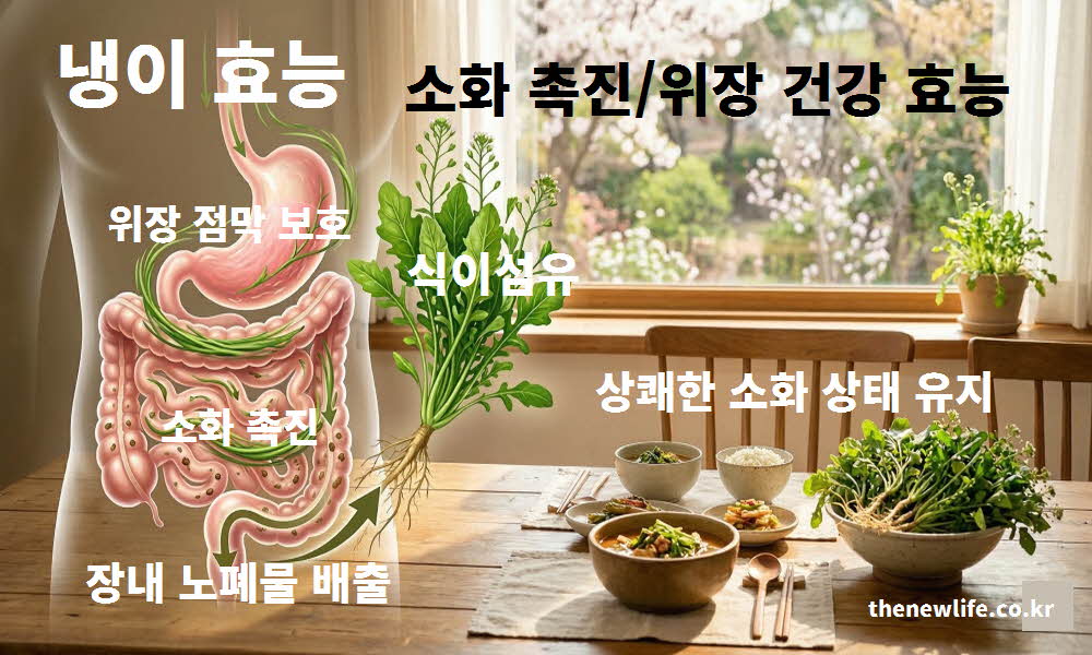 냉이 효능의 소화 촉진과 위장 건강이 개선되는 원리를 담은 이미지