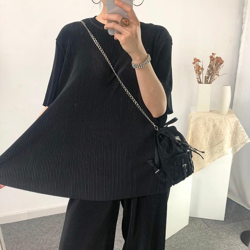 SET 플리츠세트 반팔 투피스 주름 일자 통바지 밴딩팬츠