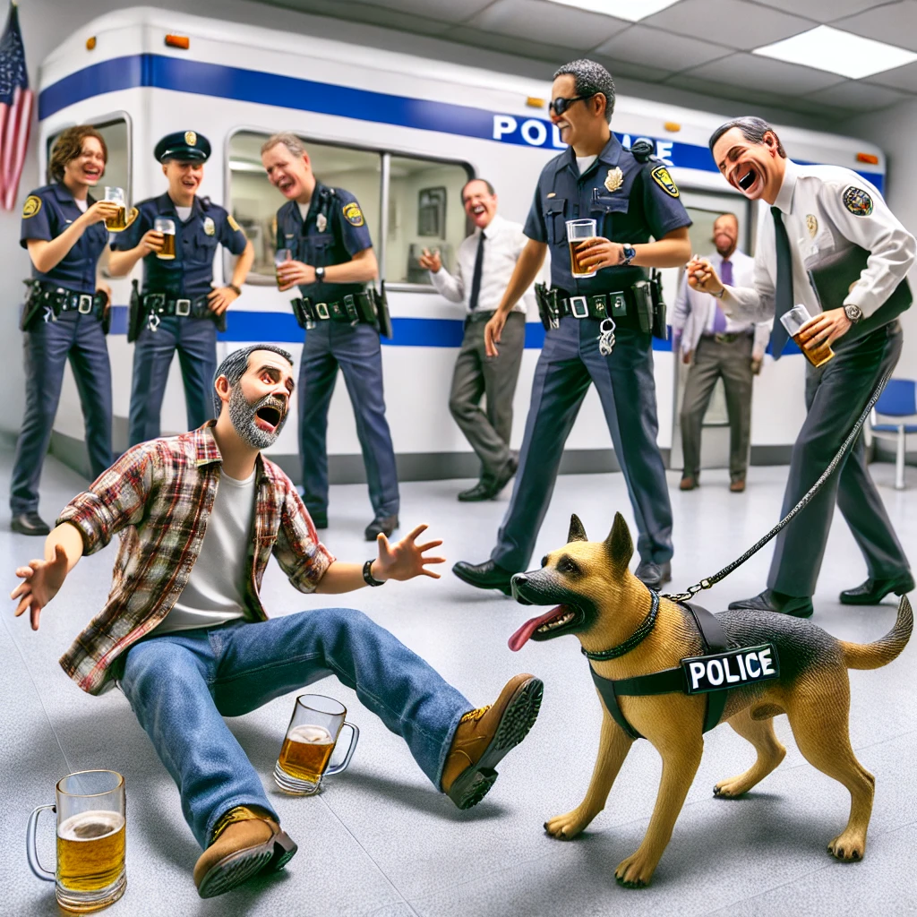 경찰서에서 술 취한 남성이 경찰견을 체포하려고 주장하는 모습. 경찰들이 웃으며 말리는 장면.