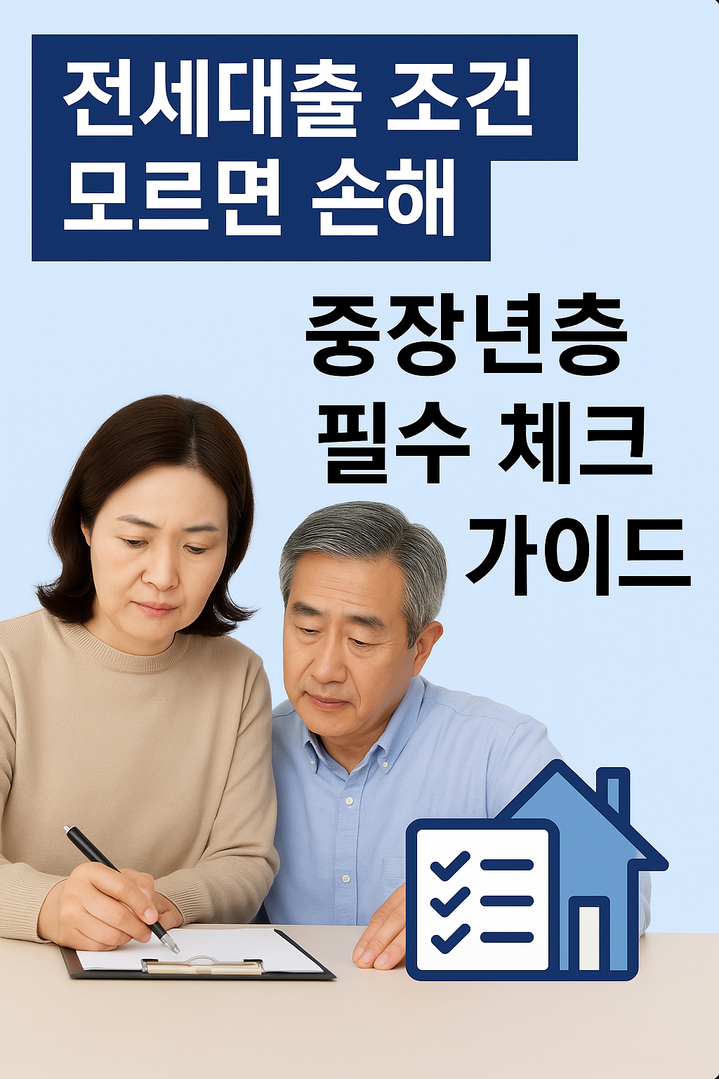 중장년층 전세대출 조건과 보증금 보호 방법을 안내하는 블로그 썸네일 이미지. 계약서를 검토 중인 중장년 남녀의 모습이 포함되어 있고, &ldquo;전세대출 조건 모르면 손해!&rdquo;라는 문구가 강조되어 있음.