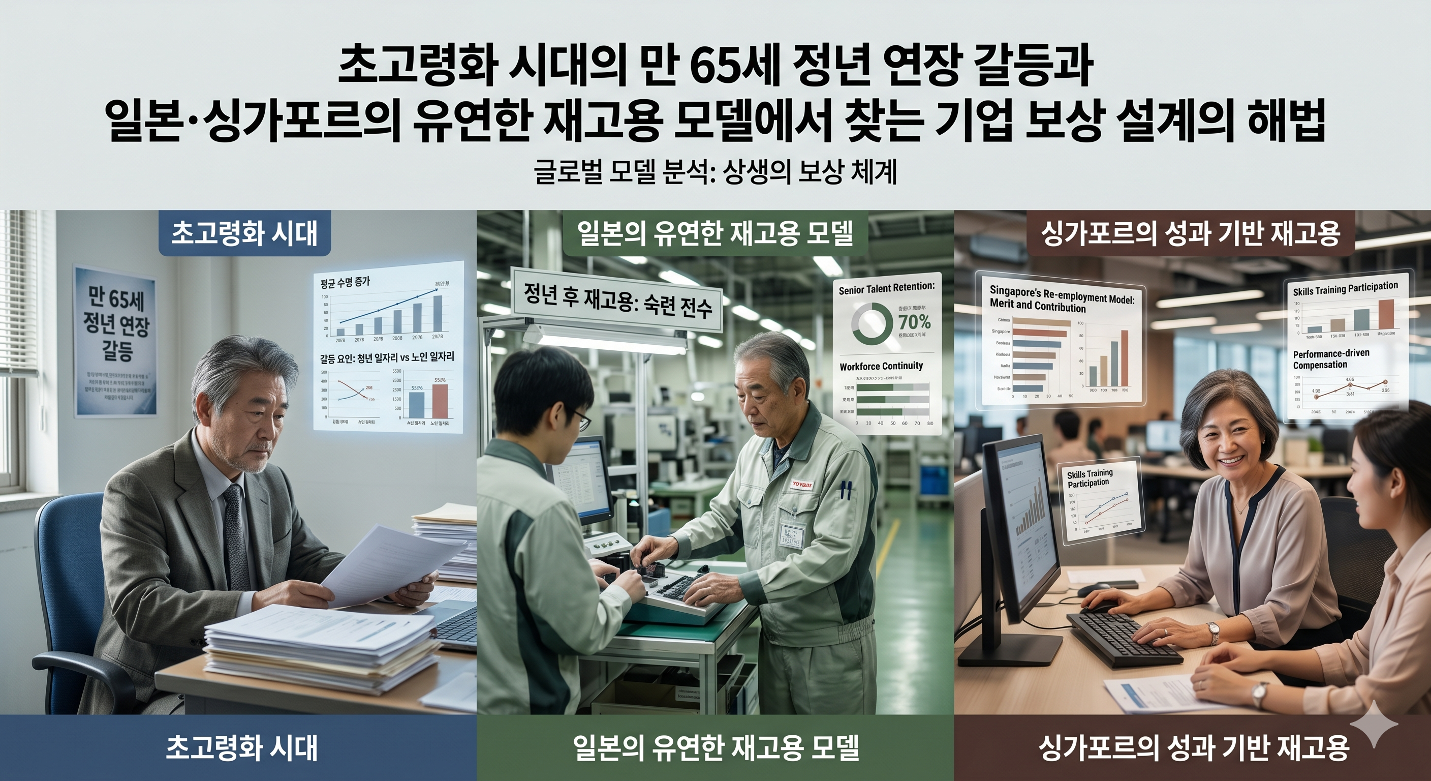 초고령화 시대의 만 65세 정년 연장 갈등과 일본&middot;싱가포르의 유연한 재고용 모델에서 찾는 기업 보상 설계의 해법
