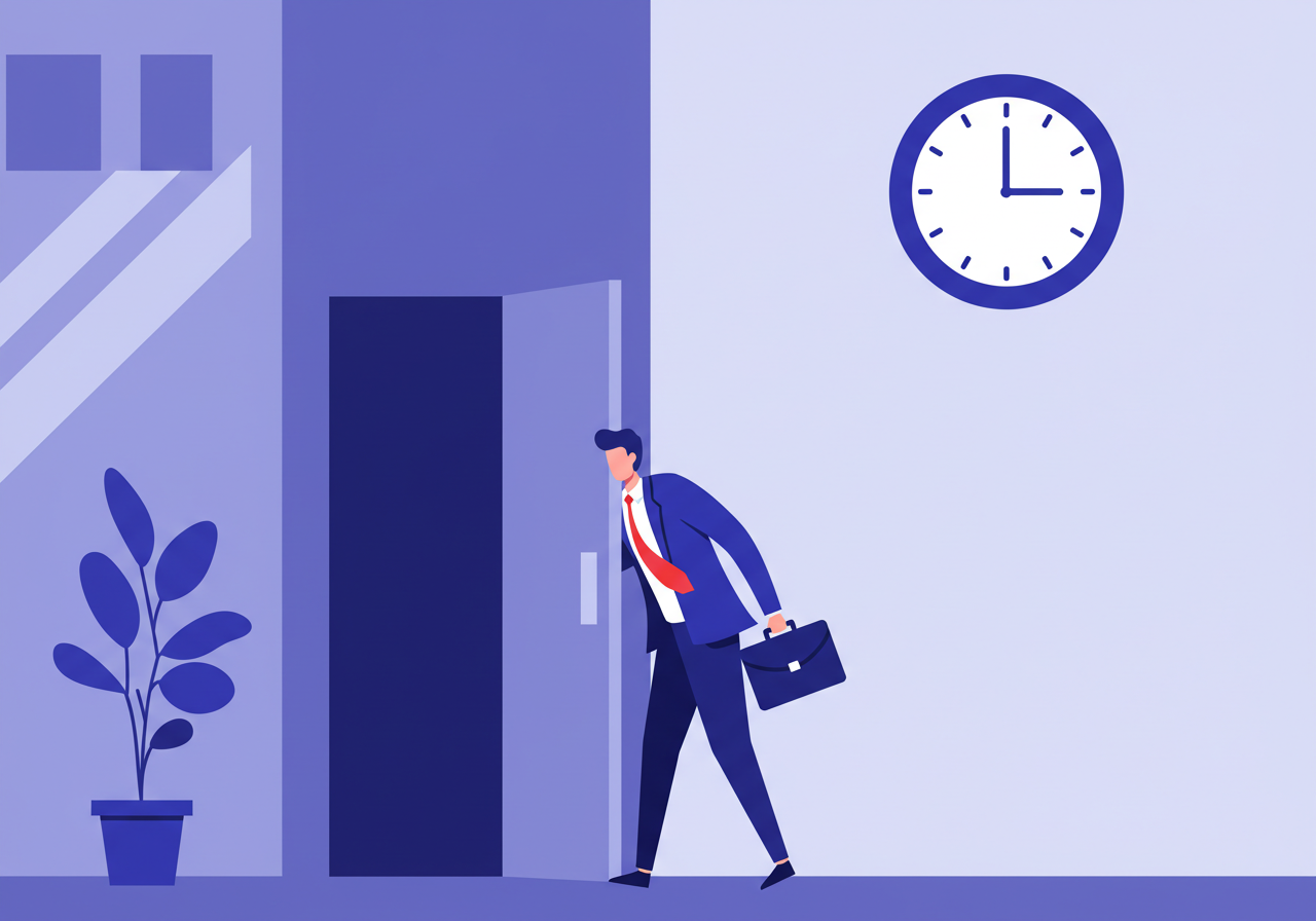 업무시간에 몰래 회사 건물을 빠져나가려는 직장인의 모습을 묘사한 일러스트