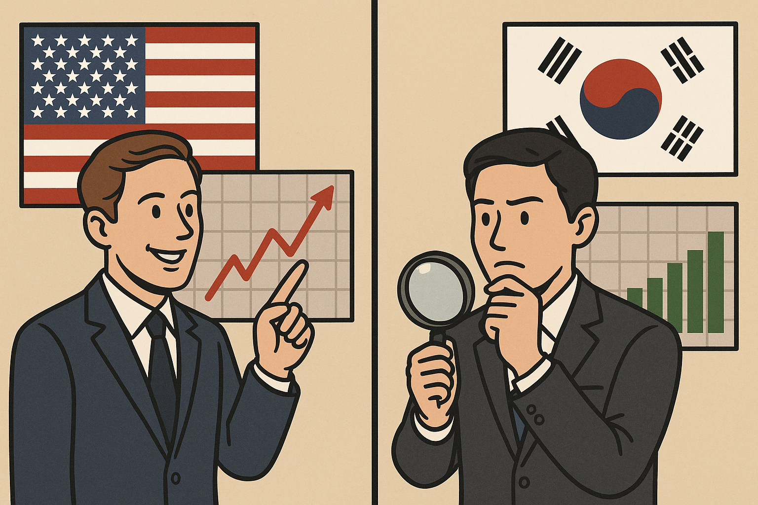 미국과 한국의 주식 투자법 차이 (추세, 가치, 투자자) 관련 그림