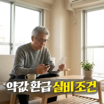 약값 환급 실비 조건
50대 한국인 남성이 거실 테이블에 앉아 스마트폰으로 약국 진료비 영수증을 촬영하며 실손보험 청구를 진지하게 확인하는 모습