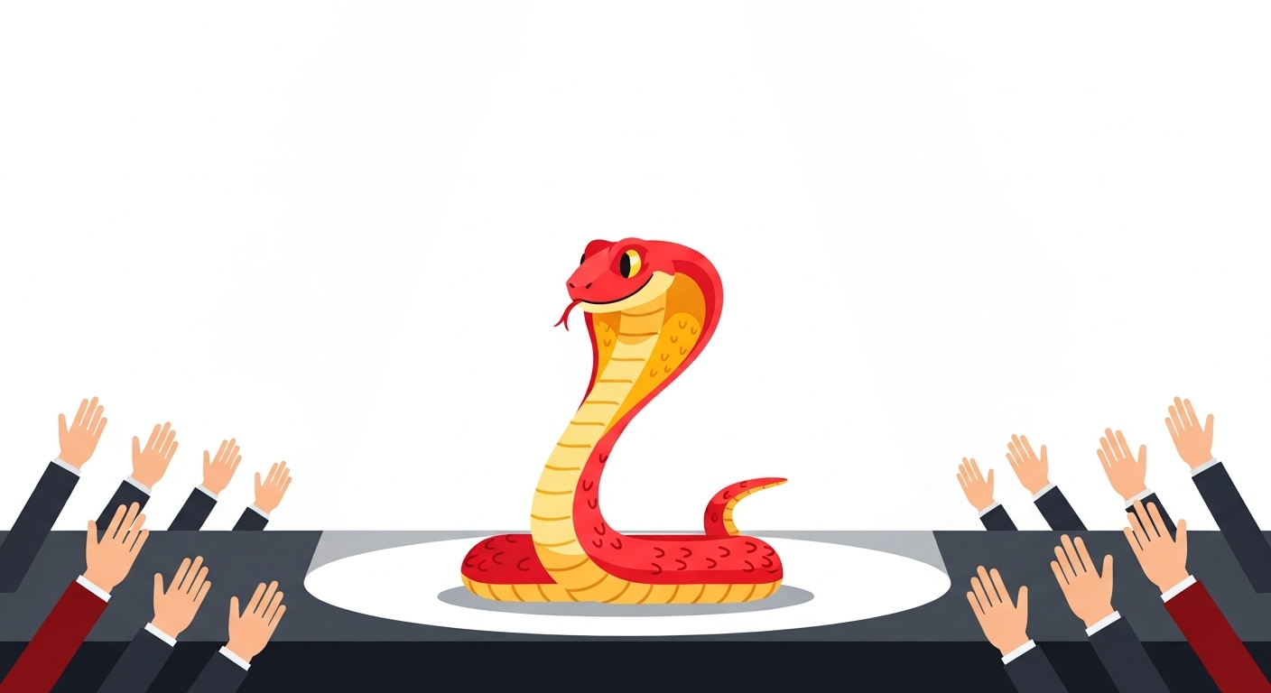 무대 위에서 스포트라이트를 받으며 박수갈채를 즐기는 카리스마 넘치는 뱀 캐릭터 일러스트