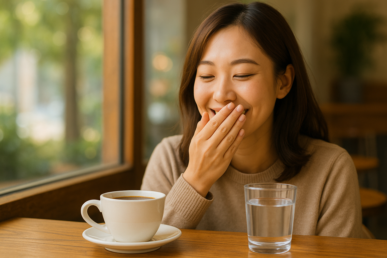 커피와 물을 함께 마시며 입냄새를 예방하는 건강한 습관을 상징한 감성 일러스트