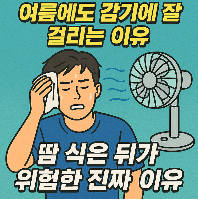 너무 더워서 선풍기앞에 있는 남성의 모습