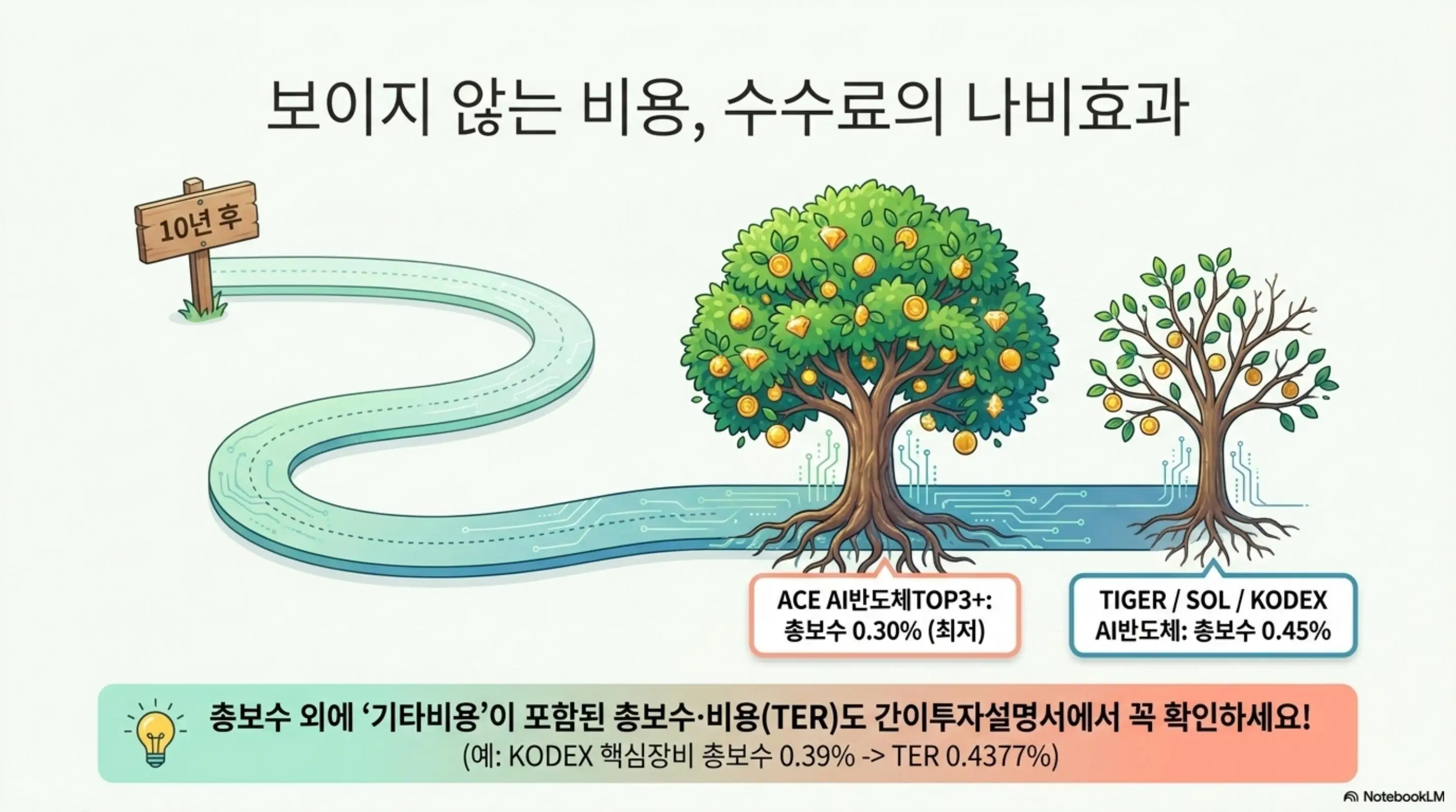 AI반도체ETF비교: 총보수 0.30%인 ACE AI반도체TOP3+와 0.45%인 TIGER·SOL·KODEX AI반도체의 10년 후 복리 차이를 나무 크기로 비교하고 총보수·비용까지 확인해야 한다는 팁을 담은 인포그래픽. 블로그의 AI 반도체 ETF 수수료 비교를 시각적으로 전달함