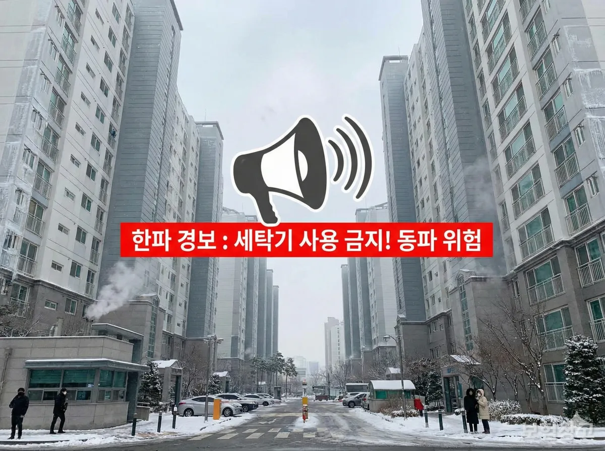 한파 경보 시 아파트 단지 내 세탁기 사용 자제 안내 방송 모습
