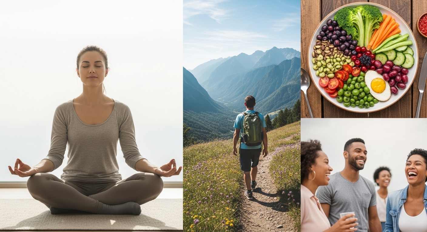 명상, 건강한 식단, 자연 속 산책 등 자기 사랑을 위한 건강한 생활 습관들을 보여주는 이미지 콜라주.