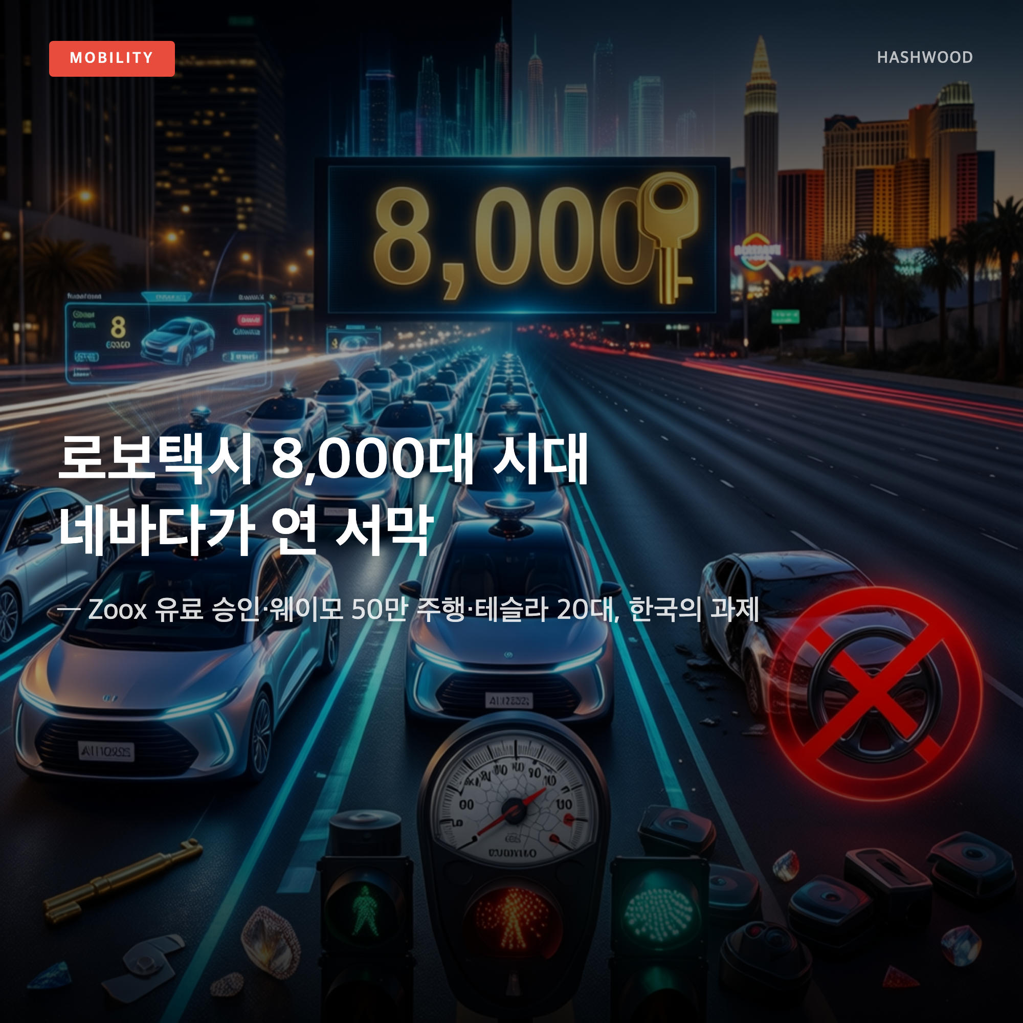 그림: 로보택시 8,000대 시대 네바다가 연 서막 — — Zoox 유료 승인·웨이모 50만 주행·테슬라 20대, 한국의 과제