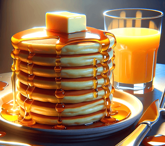 접시에 둥그런 팬케이크가 여러장 쌓여있고 맨 위네는 네모난 버터조각이 있고, 꿀이 흘러내린다. 오른쪽엔 오렌지주스도 있다.