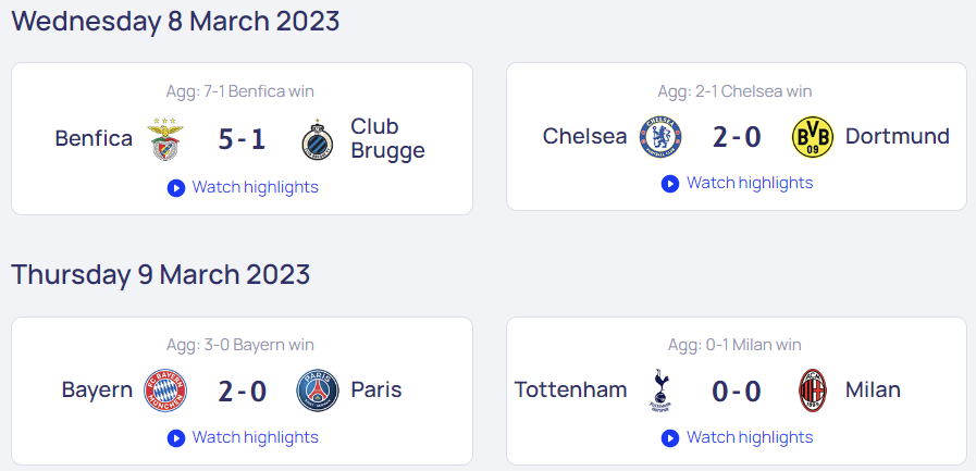 챔피언스리그 16강 1,2 차전 합계 경기 결과