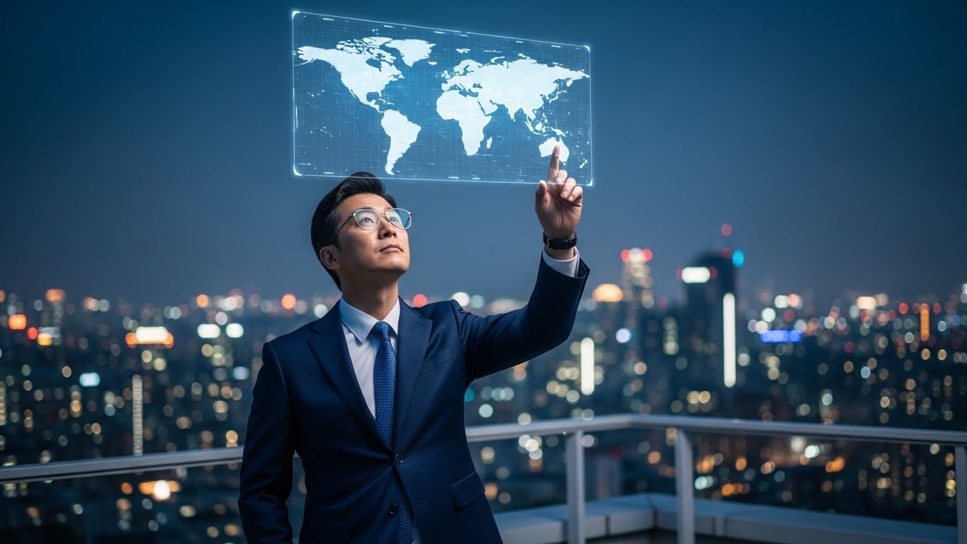 서울의 야경을 배경으로 전 세계를 향한 지식 수출 지도를 구상하는 한국인 리더의 모습