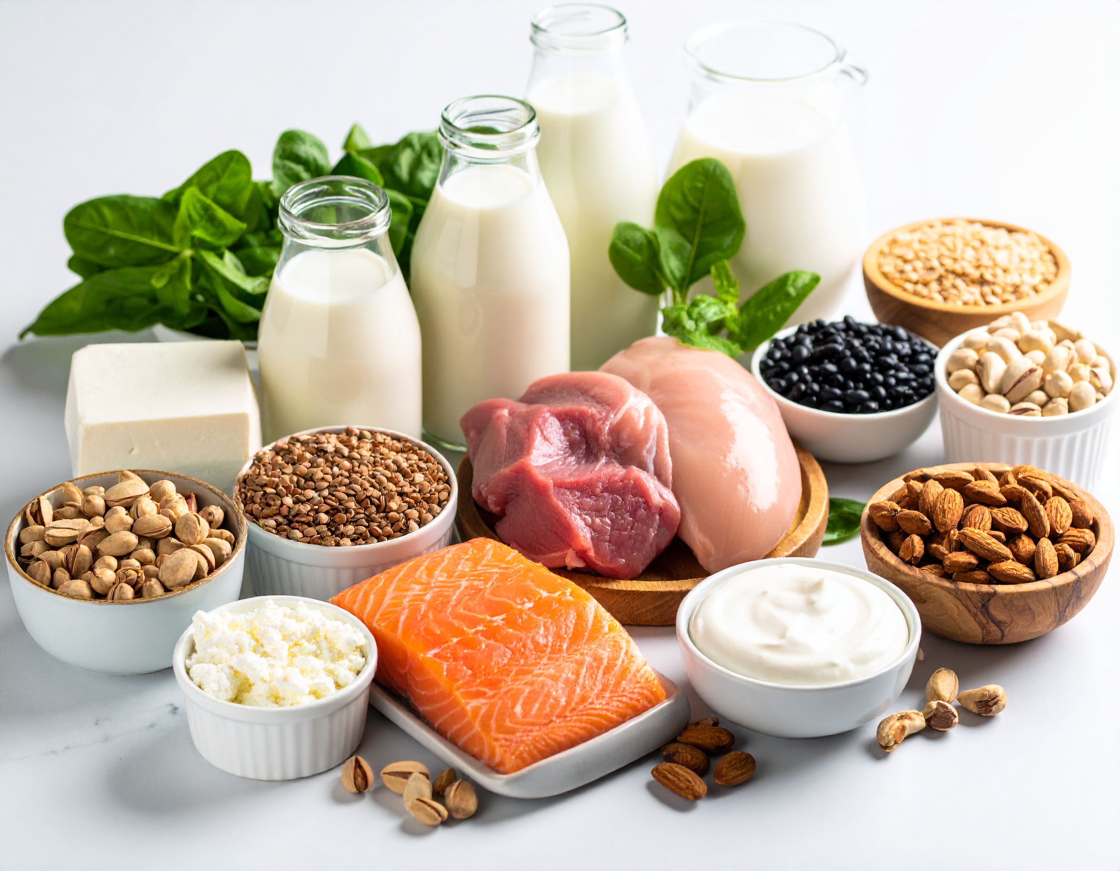 단백질이 풍부한 식품 모음 - 닭가슴살, 연어, 소고기, 두부, 우유, 요거트, 치즈, 검은콩, 견과류, 곡물 등
