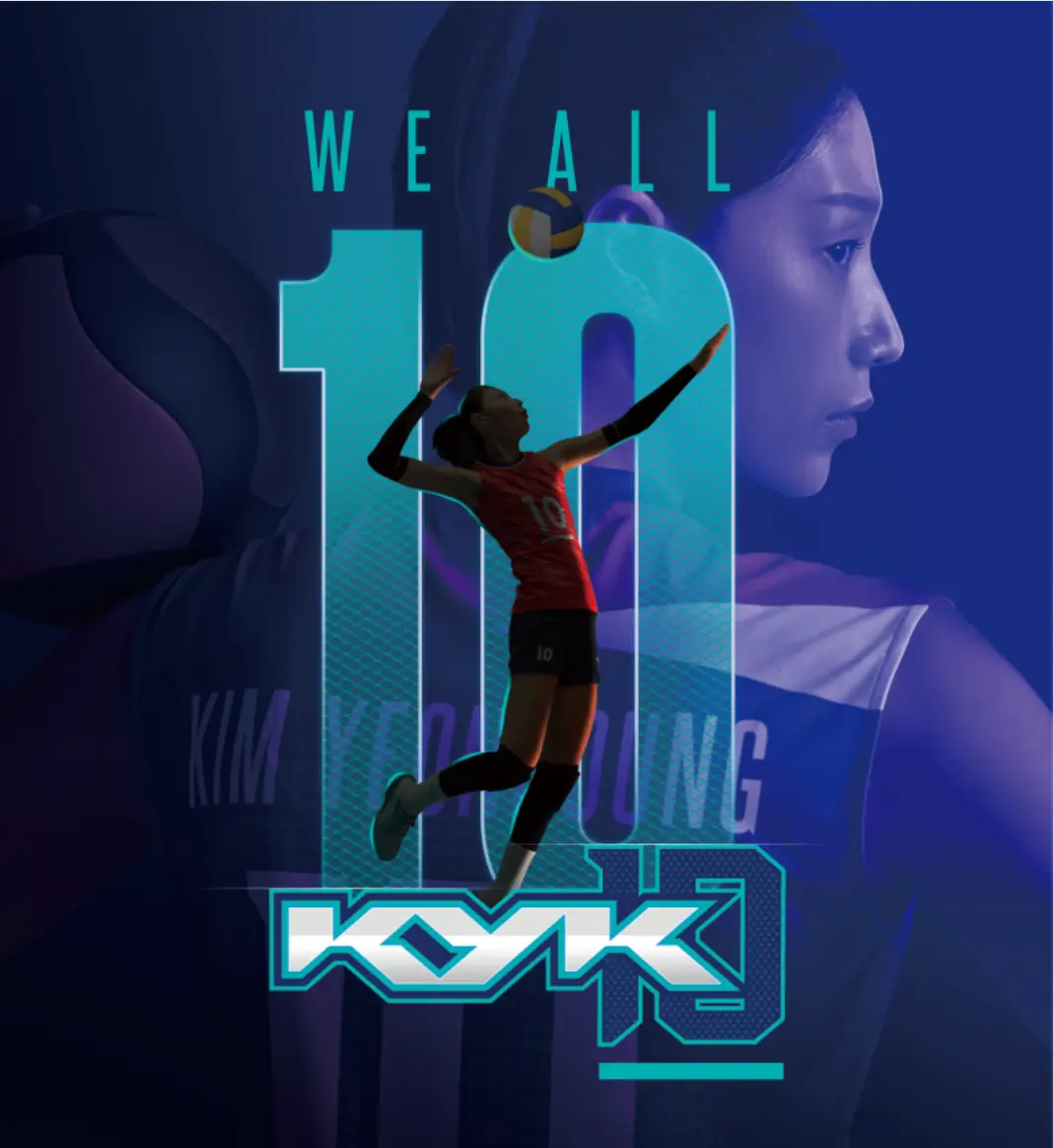 파란배경 옅은 파란색 10 위 붉은 여자 배구선수가 뛰어올라 공을 치는 모습