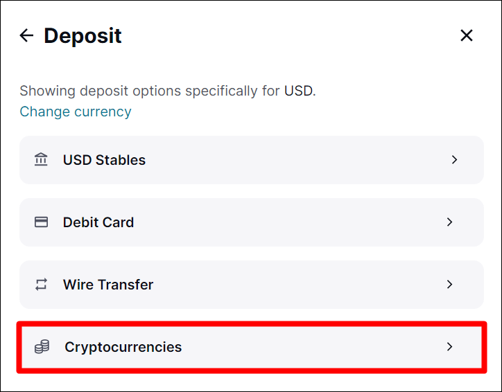 FTX 입금에서 가상화폐 메뉴를 보여주고 있다.