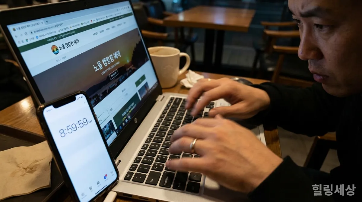 캠핑장 예약 오픈 시간에 맞춰 노트북과 스마트폰으로 예약하는 한국인의 손