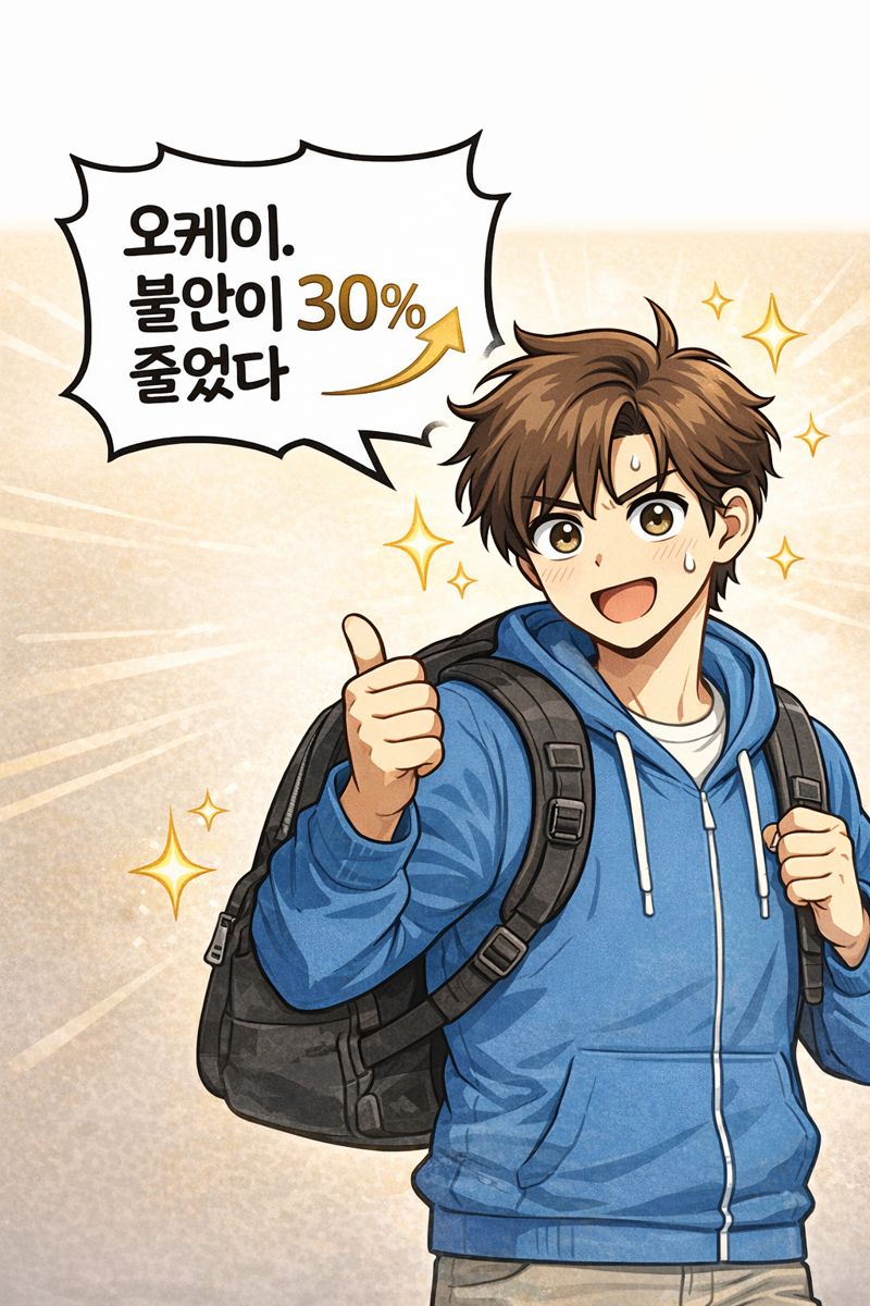 비상가방 준비를 마치고 안심하는 모습의 캐릭터