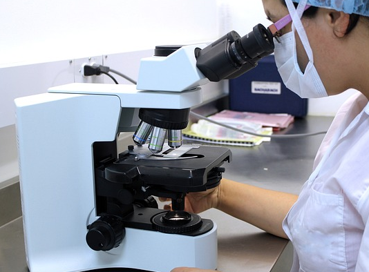 A researcher is looking at something with a microscope.