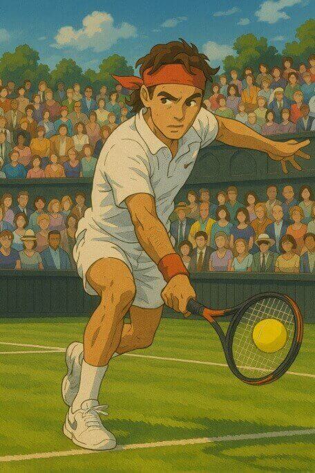 잔디코트에서 로저 페더러가 정밀 볼 컨트롤 훈련법으로 익힌 런닝 백핸드 스트로크를 하는 지브리 스타일 그림