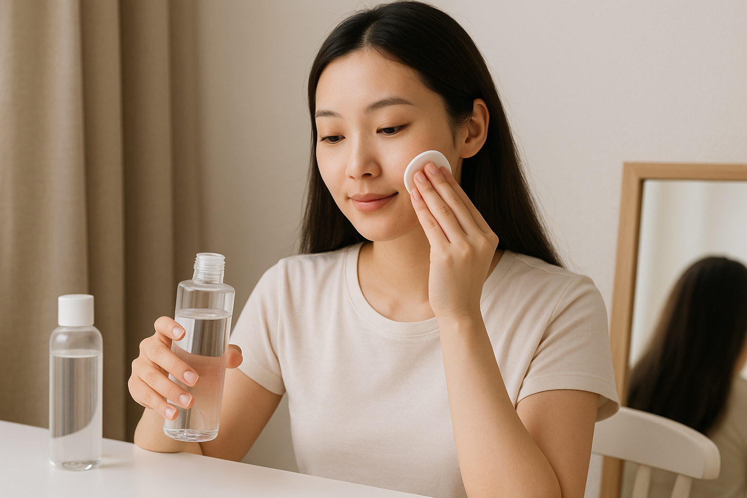여성이 맑은 토너를 솜에 묻혀 얼굴에 바르고 있는 이미지