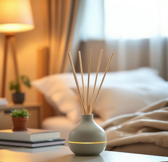 어버이날 선물로 드릴 디퓨저가 아늑한 침실에 있습니다.