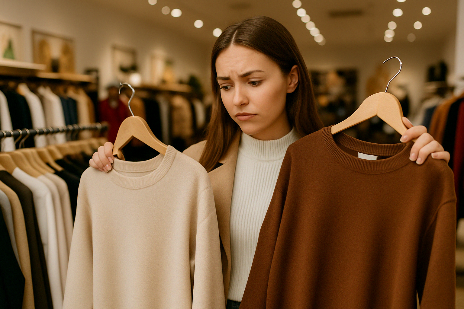 옷을 고르며 고민하는 모습이 담긴 장면으로&amp;#44; &lsquo;Which one should I choose?&rsquo; 같은 표현과 연결해 쇼핑 상황을 자연스럽게 떠올릴 수 있습니다.