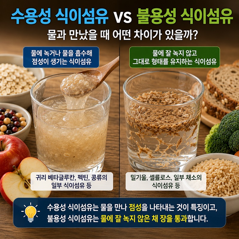 물을 만나 점성이 생기는 수용성 식이섬유와 물에 녹지 않는 불용성 식이섬유의 차이