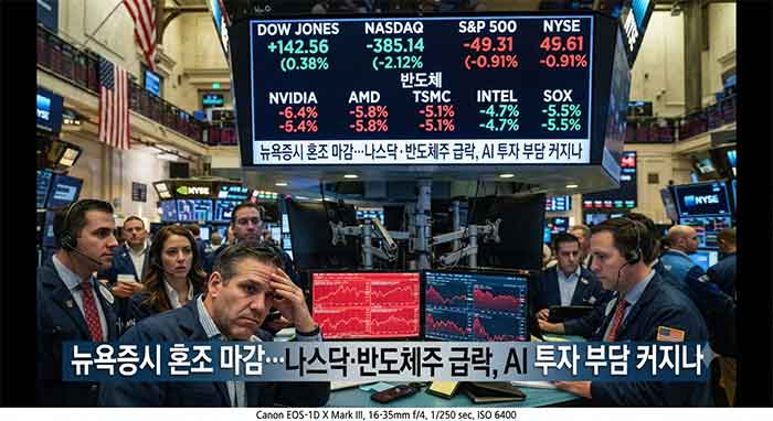 하락세의 뉴욕증시 전광판과 고민하는 트레이더들.