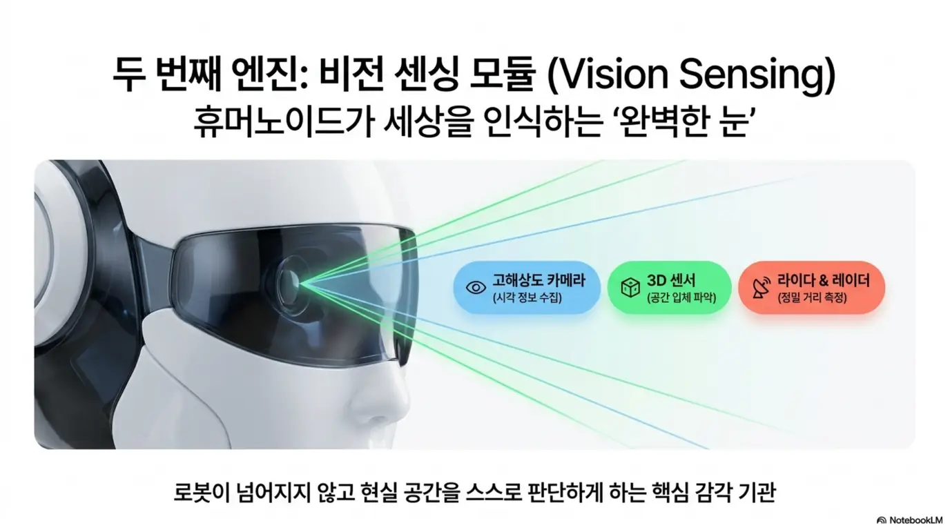 LG이노텍 주가 전망: '두 번째 엔진 비전 센싱 모듈'이라는 문구가 포함된 이미지. 고해상도 카메라와 3D 센서, 라이다·레이더를 결합한 LG이노텍 비전 센싱 모듈이 휴머노이드 로봇의 눈 역할을 하는 핵심 부품임을 시각적으로 전달하며, 블로그의 LG이노텍 주가 전망과 관련된 내용을 설명함