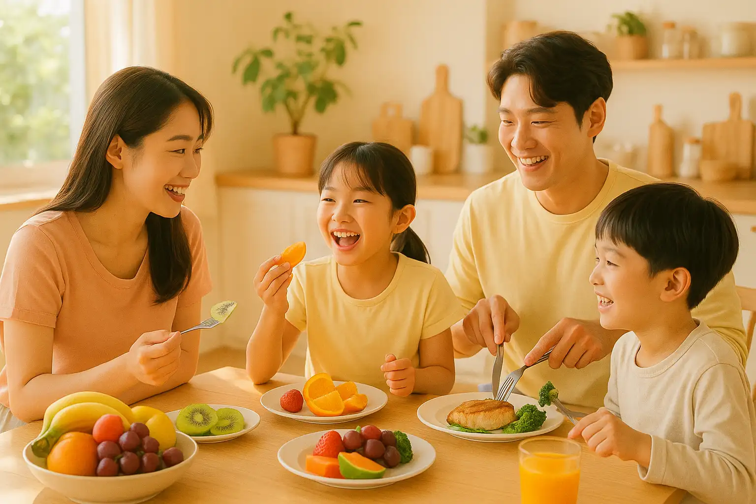 햇살 가득한 주방에서 신선한 과일과 단백질 요리를 즐기는 가족