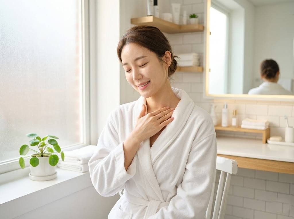 깨끗하고 밝은 욕실에서 한국인 여성이 부드러운 표정으로 쇄골 부위를 손끝으로 마사지하는 실사 이미지