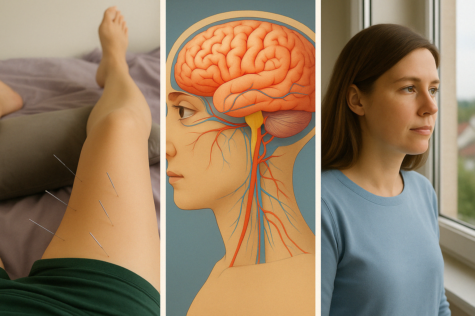 다리 앞 침 치료, 뇌와 시신경 연결 일러스트, 창밖을 바라보는 여성의 모습이 나란히 정렬된 3분할 이미지