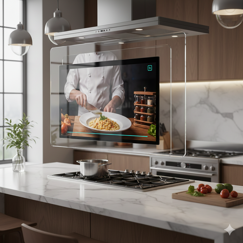밝고 현대적인 주방 아일랜드 위에 투명 OLED 디스플레이가 설치되어 셰프가 요리하는 영상을 선명하게 보여주는 장면이에요. 디스플레이 아래에는 인덕션과 냄비, 요리 재료들이 보이며, 투명 디스플레이가 주방 환경에 통합되어 요리 보조 화면으로 사용되는 모습을 현실감 있게 보여줘요.