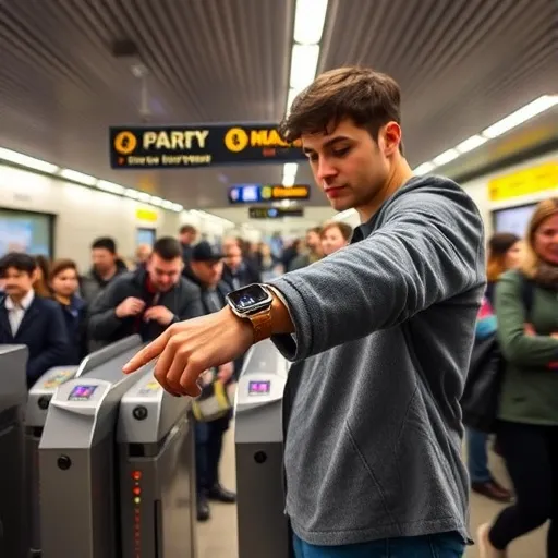 출근 시간의 지하철 개찰구를 배경으로, 한 손목에 애플워치를 착용한 사람이 손목을 게이트에 가볍게 대며 결제하는 순간을 포착합니다. 빠르고 간편한 결제 경험을 전달하는 동적인 장면을 연출해 주세요.