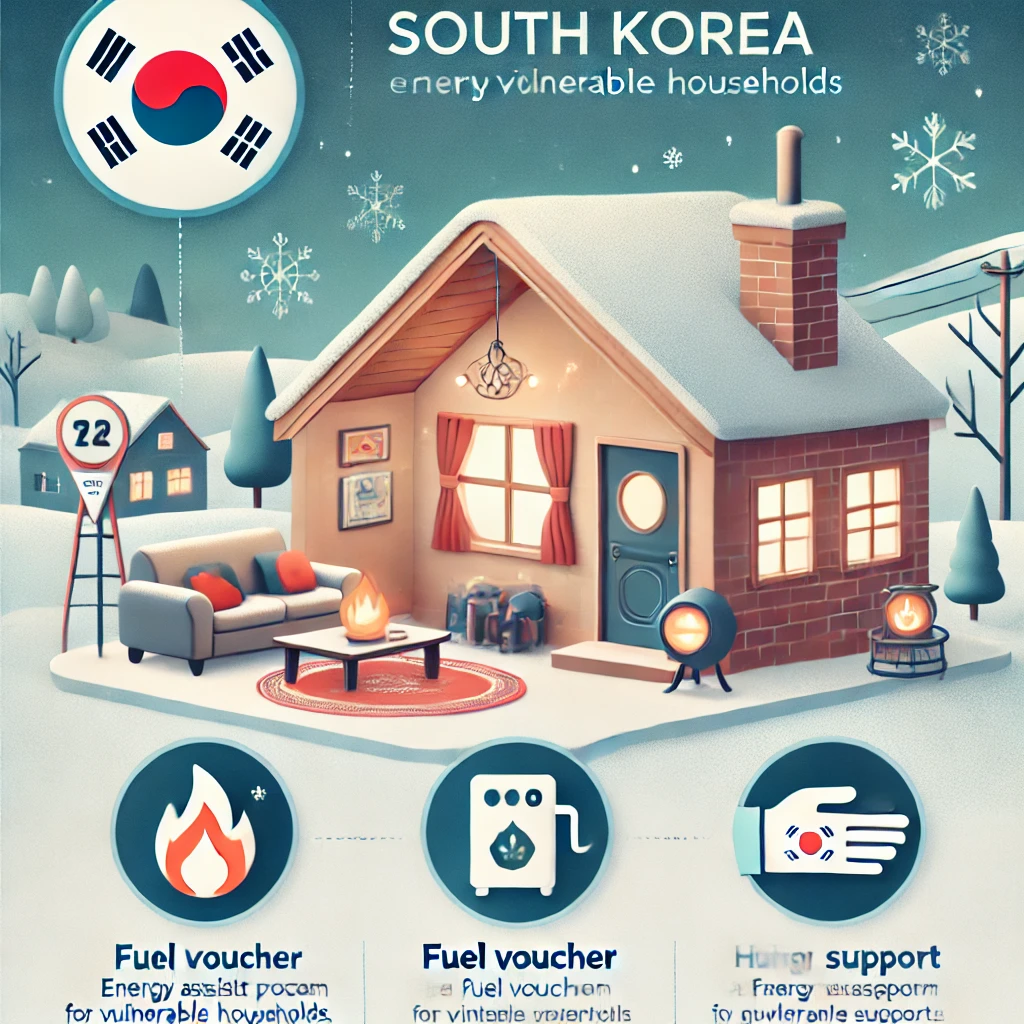 겨울철 따뜻한 실내를 배경으로 한 인포그래픽으로, 대한민국의 에너지이용취약계층을 위한 등유바우처 지원사업을 표현한 이미지입니다. 집 내부에는 따뜻한 빛이 감돌고 있으며, 눈 덮인 마을 풍경이 배경으로 자리하고 있습니다. 정부 지원을 상징하는 도움의 손길 아이콘과 등유 바우처 아이콘이 포함되어, 정책의 혜택을 강조하고 있습니다.