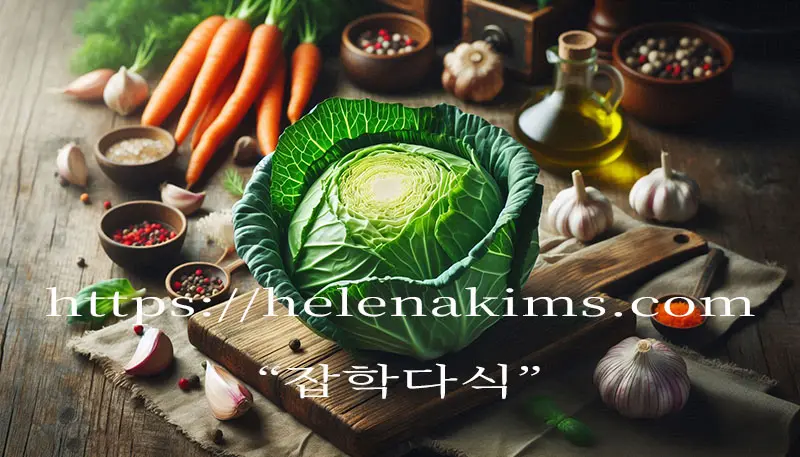 나무 도마 위에 양배추 한 통이 놓여 있고, 주변에는 당근과 마늘, 향신료 등이 놓여 있는 사진